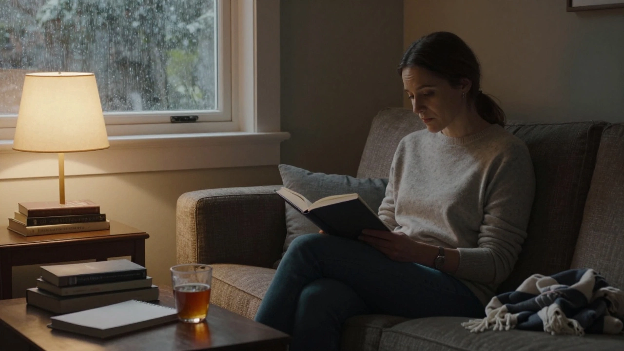 A woman and client sitting peacefully together in a softly lit apartment, reading and drinking tea.