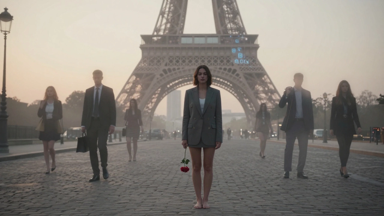 A woman stands alone on a Paris street at dawn, holding a flower, as ghostly figures fade into the mist.