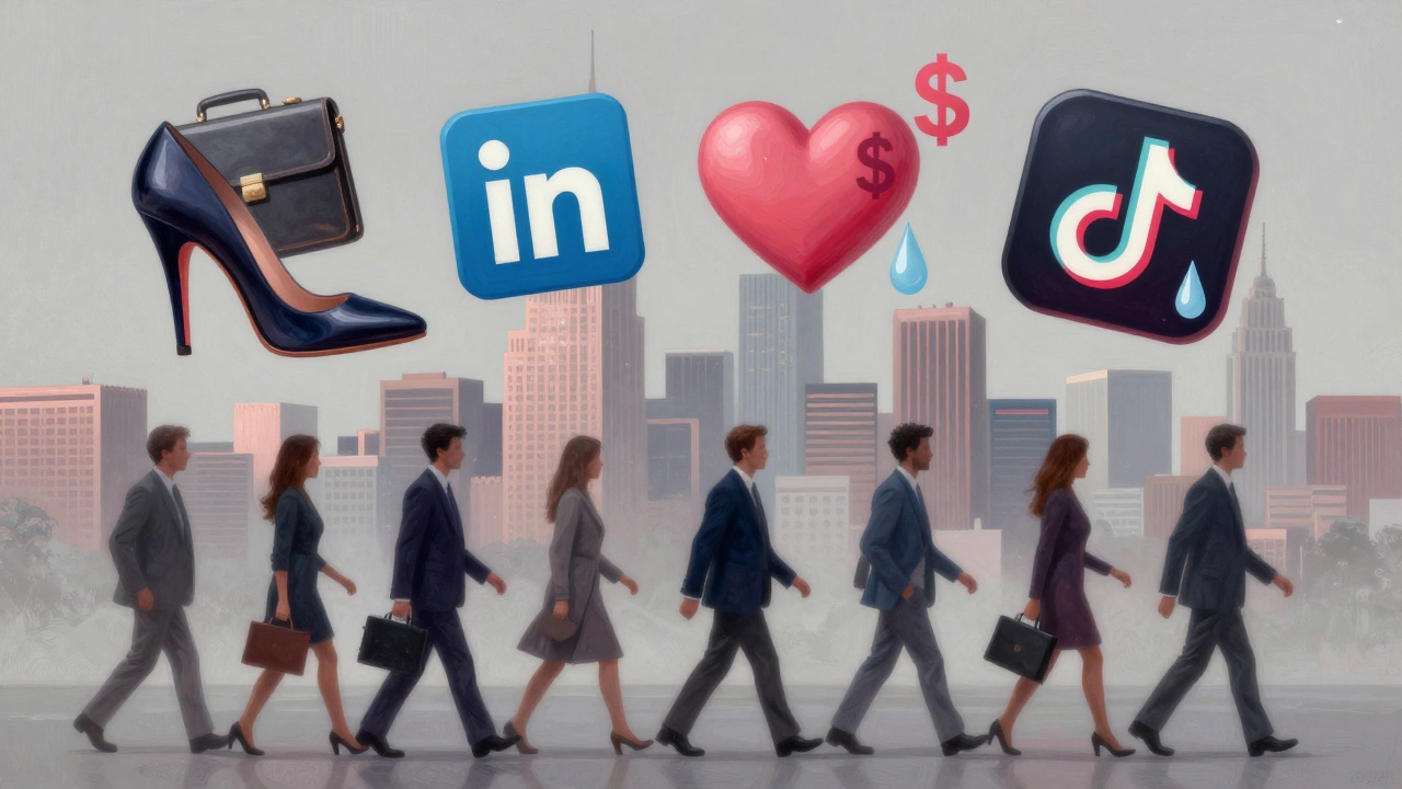Floating symbols of work, wealth, and social media hover over blurred figures walking through a city.